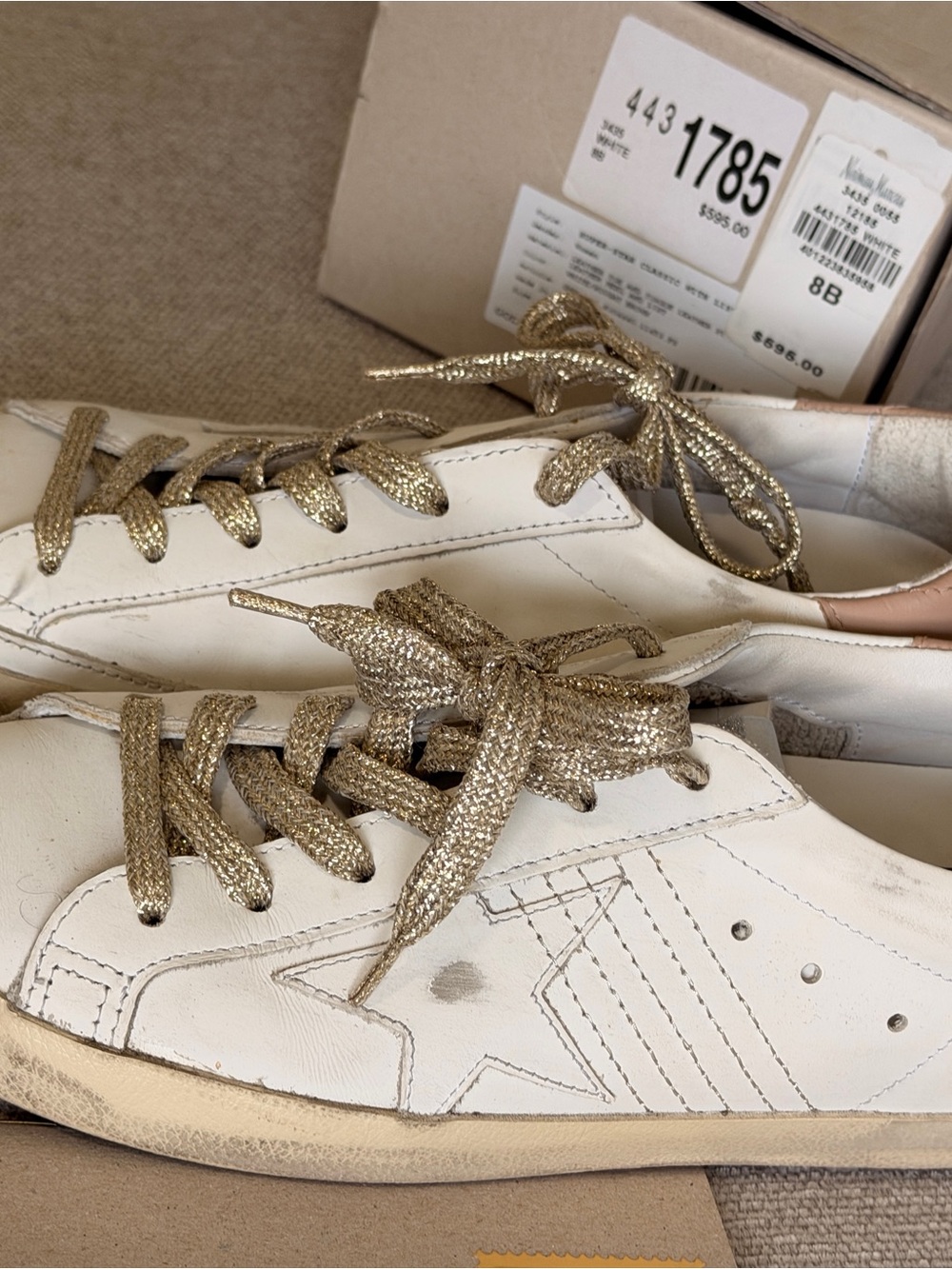 Golden Goose White Leather Sneakers with Gold Braided Laces and Blush Heel - Picture 8 of 9